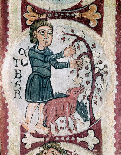 Le cycle des mois : octobre : la récolte des glands. Détail d