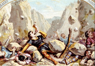 La mort du chevalier Roland, neveu de Charlemagne, à la bataille de Roncevaux, 778. Chromolithographie vers 1900. - Unknown artist
