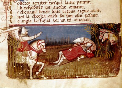 La mort du chevalier Roland, neveu de Charlemagne, lors de la bataille de Roncevaux, 778. Miniature de l