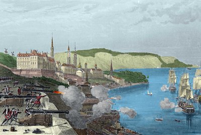 La défense de Québec par le comte Louis de Buade, comte de Frontenac (1622-1698) le 16/10/1690. Gravure coloriée dans « Histoire générale de la marine » par Van Tenac - Unknown artist