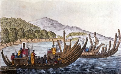 Le départ des Polynésiens pour le Pacifique à bord de pirogues à double coque. Lithographie du début du 19ème siècle - Unknown artist