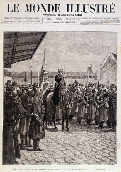 Le départ de la compagnie du 200e régiment. Salut au drapeau à la gare de Lyon. « Le Monde Illustré ». 23/03/1895. Dessin - Unknown artist