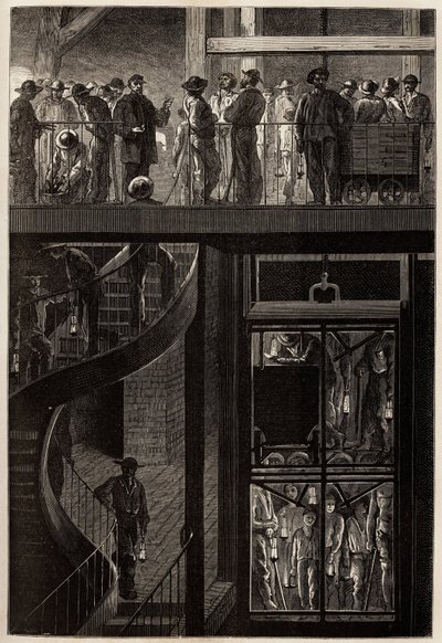 La descente des mineurs (hommes, femmes et enfants) par la cage d