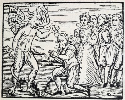 Le diable baptisant des hommes et des femmes en prière - gravure - Unknown artist