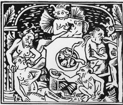 Les diables tourmenteurs forcent les gloutons à manger des crapauds et des serpents - « Grand Calendrier et Compost des Bergers », Lyon - Unknown artist