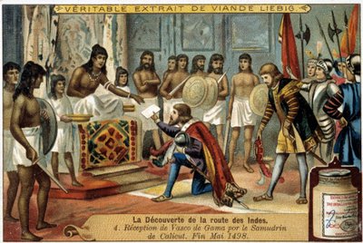 La découverte de la route des Indes : Réception de Vasco de Gama par le Samudrin de Calicut, fin mai 1498 - vignette publicitaire Liébig - Unknown artist