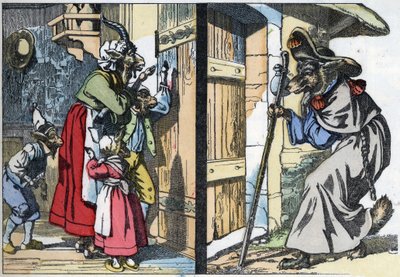 Le loup déguisé frappe à la porte de la maison avec la chèvre et les biquets. Illustration du conte « Compère le Loup, Maître Renard, Commère la Chèvre et ses petits biquets » d