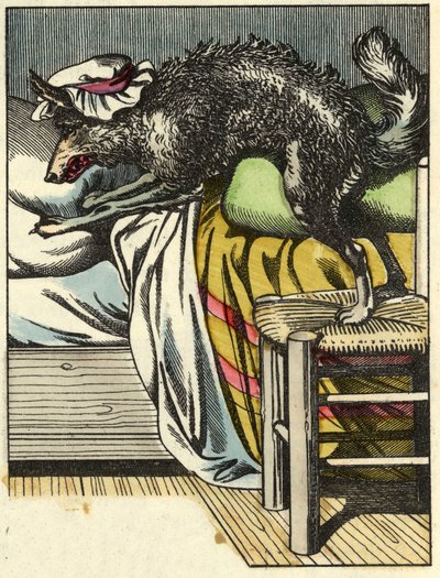 Le loup déguisé prend la place de la grand-mère dans le lit. Illustration du conte "Le Petit Chaperon Rouge" de Charles Perrault - Unknown artist