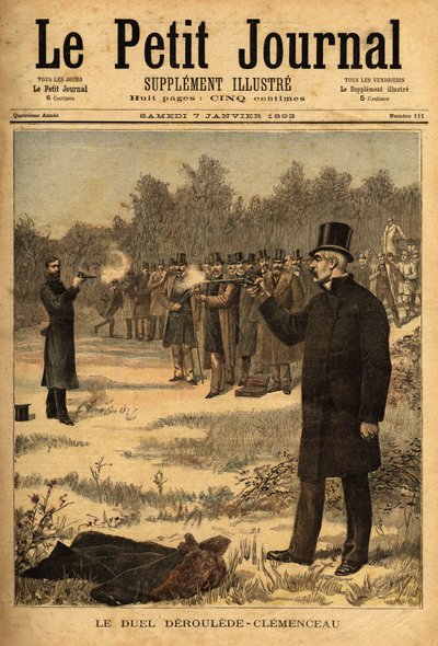 Le duel au pistolet (interdit en France depuis 1626) entre les députés Paul Déroulède (1846-1914) et Georges Clemenceau (1841-1929), sans blessure. Gravure dans « Le petit journal » 7/01/1893. Collection Selva. - Unknown artist