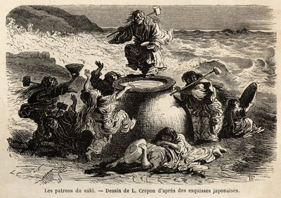 La famille des inventeurs du saké, composée de parents et de leurs huit enfants, patrons collectifs de la brasserie, ils vivent sur la côte du grand Océan, portent une ceinture de feuilles de chêne et une longue chevelure rousse qui les couvre jusqu