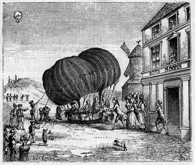 Le premier aérostat allongé des frères Robert devant le château du Prince de Ghistelles le 19 septembre - Unknown artist