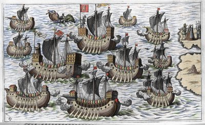 La flotte de Christophe Colomb (Cristoforo Colombo) pour conquérir le nouveau monde - dans « Nova Tipus Transacto Navigatio Novi Orbi » par Philoponus Honorius - Unknown artist