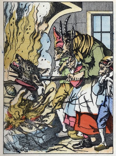 La chèvre tue le loup dans la cheminée. Illustration du conte "Compère le Loup, Maître Renard, Commère la Chèvre et ses petits biquets" d