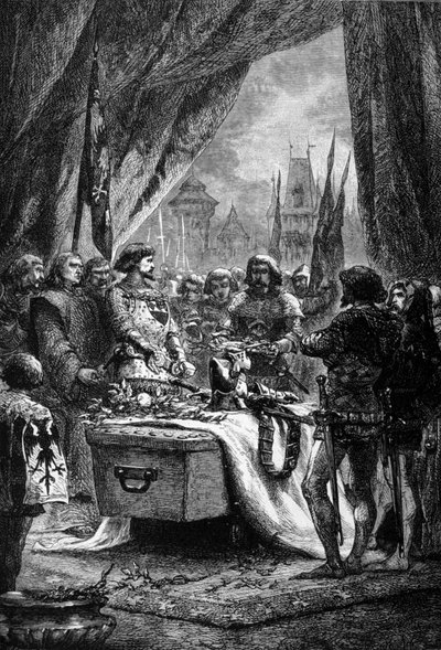 Le gouverneur place les clés de Châteauneuf de Randon sur le cercueil de Bertrand Du Guesclin (1320 - 1380), un homme de guerre breton et un patriote français contre les Anglais. Gravure du 19ème siècle - Unknown artist