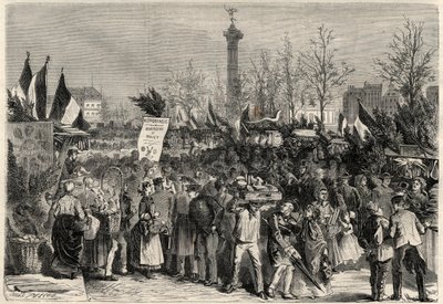 La foire au jambon, boulevard Bourdon dans le 4e arrondissement de Paris près de la place de la Bastille. Une enseigne annonce de la viande de mulet (hippophagie). Gravure dans "L
