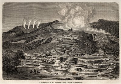 La source chaude de Te Tarata, entourée de terrasses superposées de silice blanche, à gauche, quatre geysers et à droite, lac et cascade, dessin de Lancelot, pour illustrer le voyage de Ferdinand de Hochstetter en Nouvelle-Zélande de 1858 à 1860. Gravure - Unknown artist