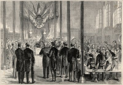 Le prince impérial Eugène Louis Joseph (1856-1879) assistant au banquet de la Saint-Charlemagne à Paris, au lycée Bonaparte (puis lycée Condorcet). Gravure dans « L