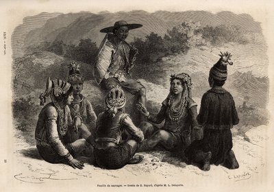 La population indigène de Xieng Hong (Laos), portant des costumes traditionnels, par-dessus leur veste, un plastron en velours avec des garnitures, avec une jupe ou un pantalon court complété par une petite coiffe décorée. Gravure pour illustrer le voyage  - Unknown artist