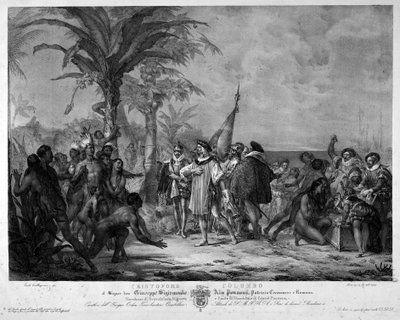 Le débarquement de Christophe Colomb à San Salvador (Bahamas) le 12/10/1492. Gravure du XIXe siècle - Unknown artist