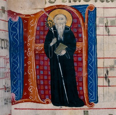 La lettre A avec une représentation de Saint Benoît : f.70r d