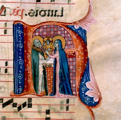 La lettre "N" avec une représentation de la Présentation au Temple : f.36v de l
