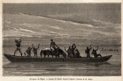 Les longues pirogues des Bambaras sur le fleuve Niger, manœuvrées avec de longues perches, peuvent transporter plusieurs personnes et même du bétail ou des chevaux. Gravure pour illustrer le voyage au Soudan occidental du lieutenant (Marine) M. Mage, en 18 - Unknown artist