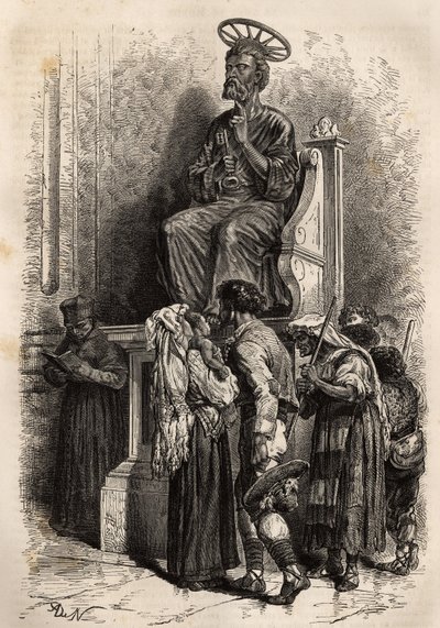 Le pied inférieur de la statue en bronze de Saint Pierre, objet de vénération pour les pèlerins catholiques entrant dans la basilique Saint-Pierre du Vatican. Gravure pour illustrer l