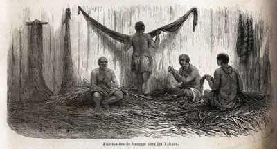La fabrication des filets de hamacs chez les Indiens Yahua du Pérou, à partir de fins fils de palmier chambira tressés. Gravure pour illustrer le voyage de l
