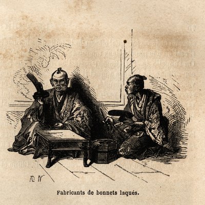 Le fabricant de tasses laquées. Gravure pour illustrer le voyage au Japon en 1863-1864, par Aimé Humbert, ministre de la Confédération suisse, dans « Le tour du monde, nouveau journal des voyages », publié sous la direction d