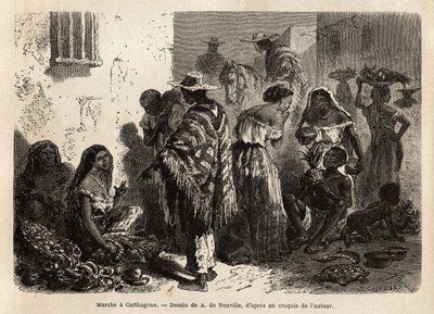 La marche de Carthagène (Colombie), dans la banlieue de la ville, fréquentée principalement par des noirs, des métis et des Indiens. Gravure pour illustrer le voyage en Nouvelle-Grenade, par le Dr Saffray, en 1869, publié dans « Le tour du monde » 1872, éd - Unknown artist