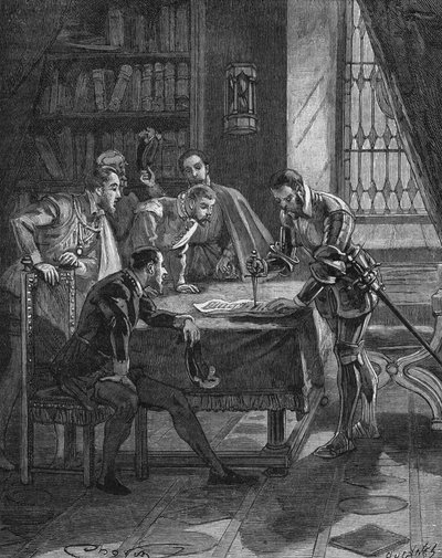 Le maréchal de Vieilleville plantant son poignard dans un brevet par lequel le roi de France Henri II lui donnait, ainsi qu