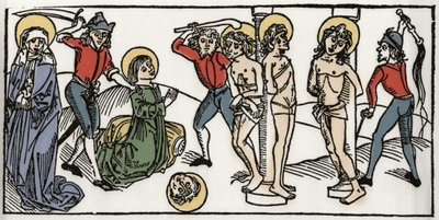 Le martyre de Sainte Félicité et de ses sept fils de Rome. Gravure de « Leben der Heiligen - sommerteil » (Le livre des saints) par Jacobus (Jacques) de Voragine (1228-1298). Lübeck 1488 - Unknown artist