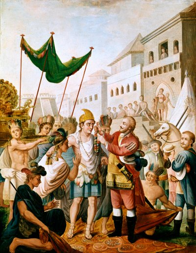 La rencontre entre Hernan Cortes ou Fernand Cortez et Montezuma en novembre 1519 - Unknown artist
