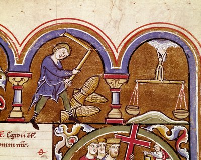 Le mois de septembre, travaux agricoles, moisson, battage du blé avec une fleur (détail) - Unknown artist