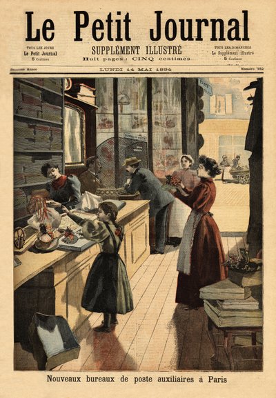 Les nouveaux bureaux de poste auxiliaires à Paris, certains négociants ouvrent un guichet de service postal, parallèlement à leurs activités commerciales. Gravure dans Le petit journal 14/05/1894. Collection Selva - Unknown artist