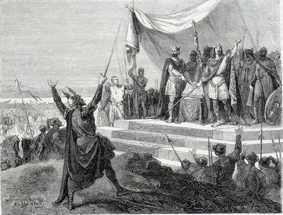 Le serment des deux frères devant leur armure : Charles II le Chauve et Louis II le Germanique prêtent serment contre Lothaire Ier (Serments de Strasbourg 842). Gravure du XIXe siècle. - Unknown artist