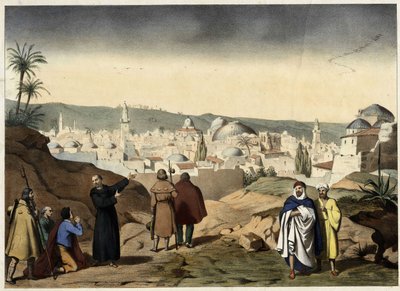 Les pèlerins arrivent à la ville de Jérusalem. Gravure anonyme du milieu du 19ème siècle - dans "Grand Catéchisme des Familles" - Unknown artist