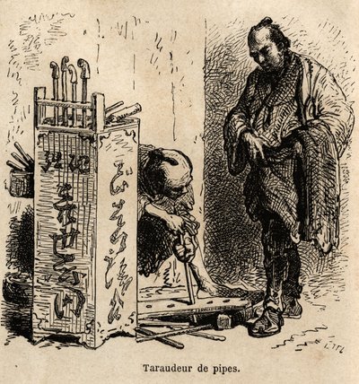 La machine à taper les pipes dans son atelier, il utilise une simple planche percée de trous de tailles inégales, fixée en spirale de fer. Gravure pour illustrer le voyage au Japon, par Aimé Humbert, ministre de la Confédération suisse, en 1863-1864 - Unknown artist