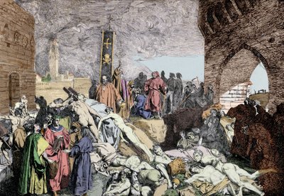 La peste de 1348 à Florence (Italie). En bas à gauche, avec une couronne de laurier, Pétrarque, poète et humaniste italien de la Renaissance, parle avec d