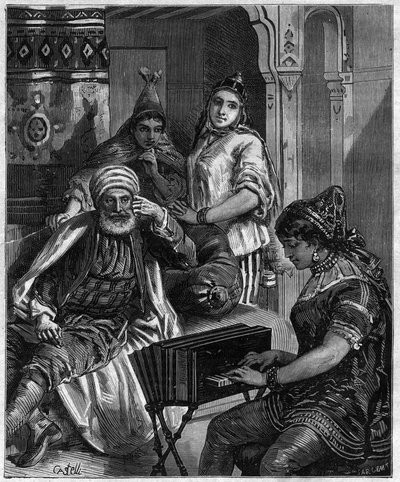 La population de Tunisie au XIXe siècle - Soirée du samedi dans une famille juive à Tunis - gravure de Castelli dans « journal des voyages » 1884 - Unknown artist