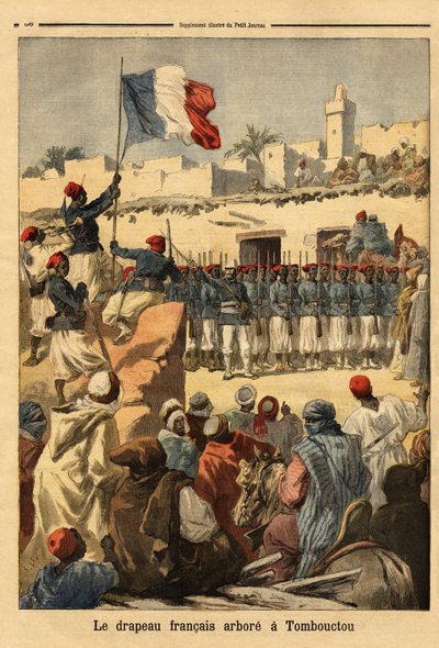 Le lever du drapeau français à Tombouctou (Mali) par le lieutenant-colonel François Xavier Bonnier (1857-1944) lors de la conquête française du Soudan français (actuel Mali) - Unknown artist