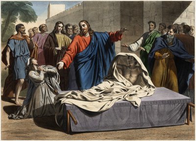 La résurrection du fils de la veuve de Naïm : Jésus-Christ ressuscite le fils unique de la veuve. Gravure du milieu du 19ème siècle - Unknown artist