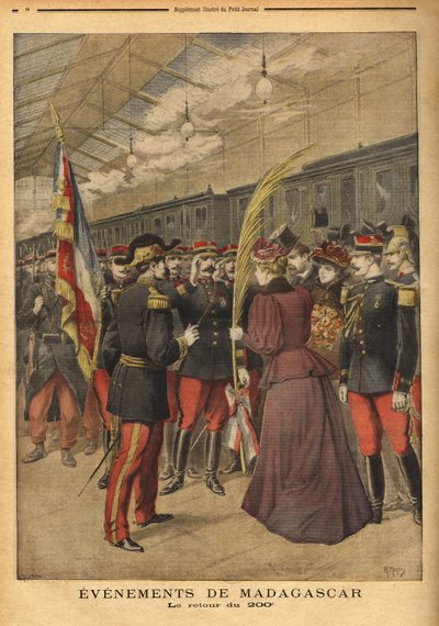 Le retour du 200e régiment du colonel Brice Bizot (1848-1929) à Port-Vendres, où les dames de Perpignan leur ont offert une palme tricolore pour célébrer leur héroïsme. Gravure dans "Le petit journal" 5/01/1896. Collection Selva. - Unknown artist