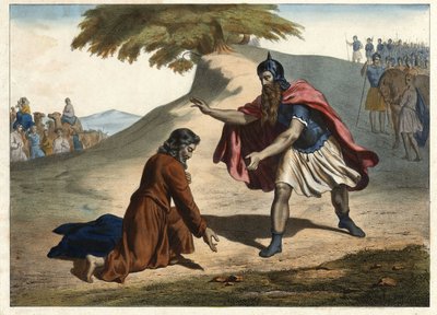 Le retour de Jacob et sa rencontre avec Ésaü - Jacob retourne en terre de Canaan avec ses femmes et ses enfants : il rencontre son frère Ésaü. Gravure de la moitié du XIXe siècle - Unknown artist