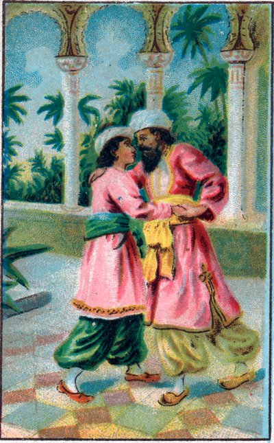 Le retour du prince. Conte « Histoire du cheval enchanté » dans « Les mille et une nuits ». Chromolithographie de la fin du XIXe siècle. - Unknown artist