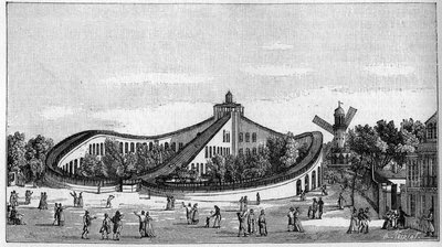 Les montagnes russes du Jardin de Beaujon à Paris en 1821. Dans « La Nature. Revue des sciences et de leurs applications aux arts et à l
