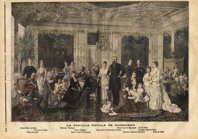 La famille royale du Danemark, assise au centre, la reine Louise de Hesse-Kassel (1817-1898) et le roi Christian IX de Danemark (1818-1906) surnommé « le beau-père de l