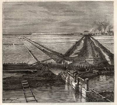 Le marais salant de Giraud en Camargue (Bouches-du-Rhône), vue prise du canal de service - gravure dans 