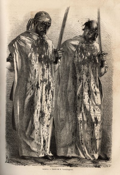 Les cicatrices, musulmans en procession lors de la fête commémorative du martyre de Hossein, se frappant la tête avec une épée, chacun couvert d