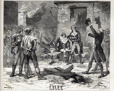 Le plat à barbe de Lille. Un épisode du Siège de Lille en 1792 pendant les guerres révolutionnaires françaises - Siège de Lille en 1792 : la perruque de Maes utilisant un éclat de bombe comme plat à barbe pour raser un client - Unknown artist